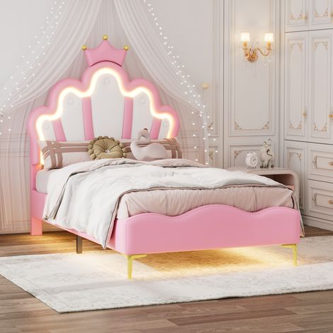 Lit simple plat 90 x 200 cm, lit princesse en forme de couronne, revêtement en similicuir souple, bande lumineuse LED d'ambiance réglable, rosa (1/5)