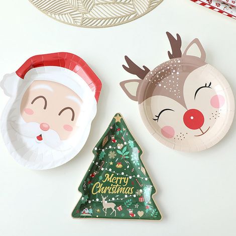 Assiettes En Papier Forme Arbre De Noël - Santa - Renne - 23 5 X 20 Cm - Vaisselle Jetable Pour Fête De Noël Anniversaire - 10 Pièces (1/5)