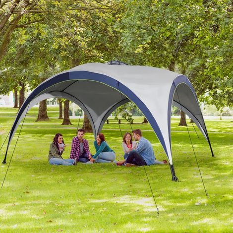 tonnelle de jardin, tente de jardin, grande tente, tente de réception, auvent, résistant aux intempéries, poteaux métalliques et toile polyester, blanc cassé et bleu, 4 x 4 x 2,5 mètres