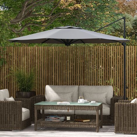 Parasol porte-à-faux Ø3m basculant rotative manivelle capot vent poteau métallique, gris foncé