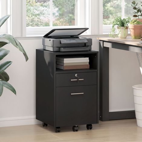 Armoire de bureau avec caisson à roulettes, 2 tiroirs, dont un verrouillable, 5 roulettes, noire, 40 x 40 x 65 cm (1/5)