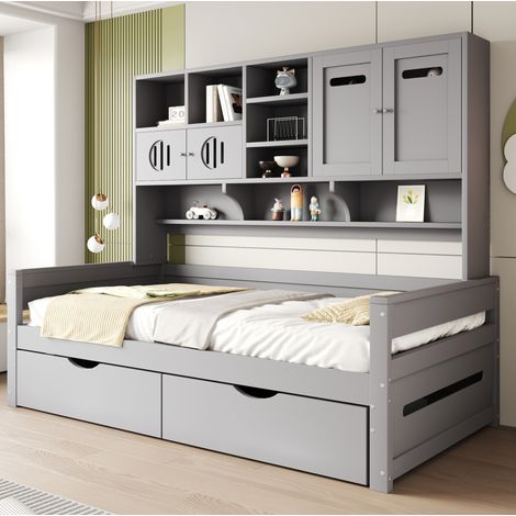 Letto singolo 205x94.5x165.8 cm, con spazio contenitore, 2 cassetti, legno, grigio (1/5)