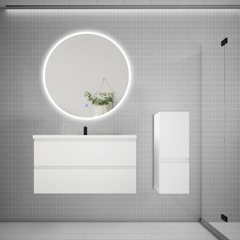 Ensemble meuble vasque L.99cm 2 tiroirs + lavabo + LED miroir rond 100cm + colonne,blanc (1/5)