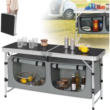 Table de pique-nique pliante, table de style valise avec sac de rangement, hauteur réglable, idéale pour les barbecues de jardin et le camping,noire. (1/5)