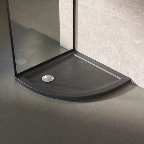 Receveur de douche 80x80 semi circulaire avec bordure effet pierre noire en acrylique hauteur slim Petra (1/4)