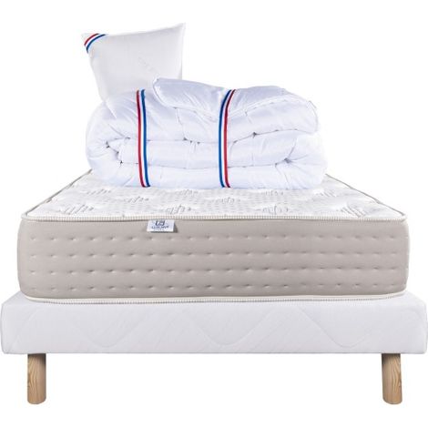 Ensemble Matelas Dreamlux 26cm ressorts ensachés ferme face été/hiver+sommier blanc ep 13cm+oreiller+couette, 90x190cm (1/5)