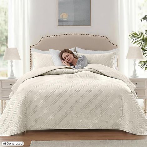 Quilted Bedspread, 260 x 260 cm, Geometric Ultrasonic Bedspread, Bed Cover for Sofa or Armchair, Beige (1/4)