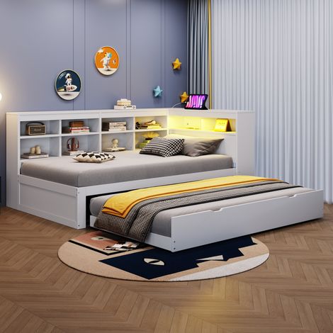 Lit gigogne 90x200cm multifonction avec LED et rangements intégrés bois blanc Sans matelas (1/5)