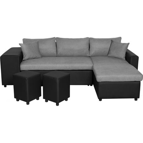 Canapé d'angle réversible OSLO avec coffre et poufs gauche - Bi-matière (1/5)