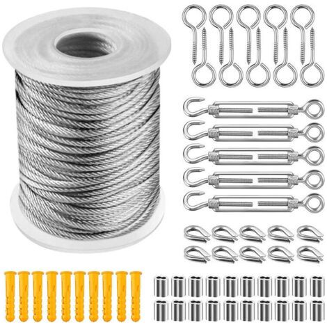 304 Corde En Acier Inoxydable à Suspendre Kit, CâBle En Acier Inoxydable RevêTu De Nylon, Tendeur Cable Acier Pvc, Pour Corde De Tente, Corde à Linge, Lustre D'ExtéRieur,Jardin (30m)