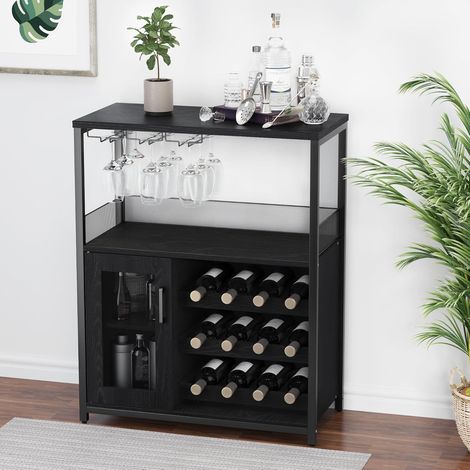 Casier à Vin pour 16 Bouteilles en Bois,Range-Bouteilles /Porte-Vin à 3 Étagères avec 3 Porte-Gobelets,Meuble de Bar -Noir (1/5)