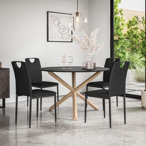 Malvern Round Dining Table And Chairs - Black Table Top w Solid Oak Legs + Monza Faux Leather Dining Chair Set Of 4 (Black) (1/5)