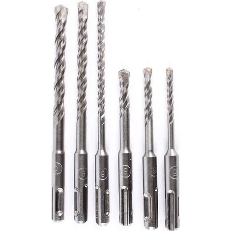 Jeu de 6 forets hélicoïdaux en alliage d'acier au tungstène de 5 à 10 mm pour marteau électrique, à tige ronde, adaptés à la maçonnerie, au béton, à la pierre et à la roche. (1/4)