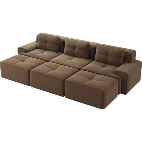 Canapés sans armature, tissu côtelé doux, canapé d'angle modulaire avec fonction couchage et 3 poufs, canapé 3 places confortable pour salon, marron (1/5)