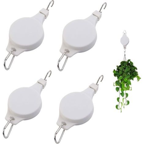 Lot de 4 crochets rétractables pour poulie pour plantes d'intérieur et d'extérieur, pots de fleurs, paniers de jardin et mangeoires à oiseaux Blanc