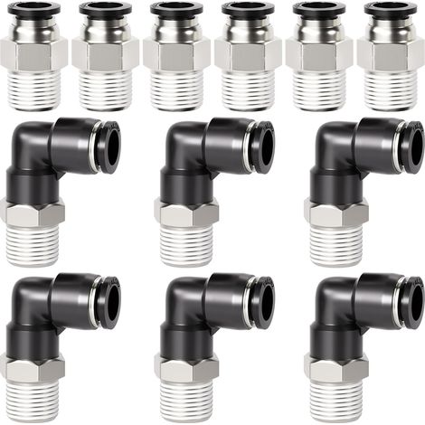 Combinaison coude et raccord droit connexion rapide PC‑1/4‑N2+PL‑1/4‑N2, Ø1/4&3/8 pouce filet NPT1/4, paquet 12 pièces, noir et argent3/8"OD x 1/4"NPT (1/5)