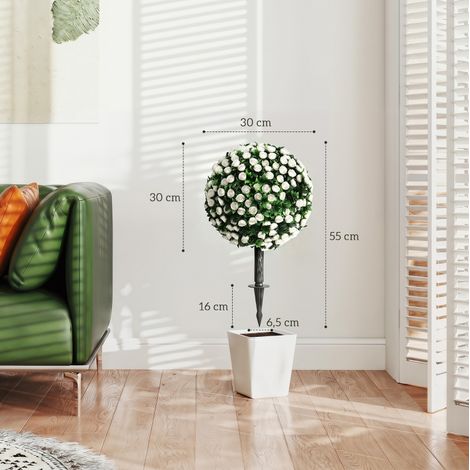 Set de 2 arbres artificiels en forme de boules de roses blanches UV résistantes 55 cm pour extérieur (1/5)