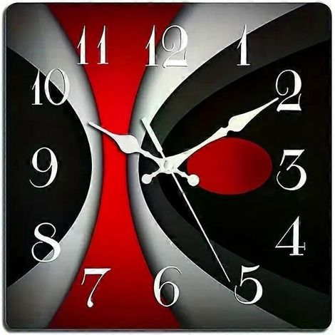 Horloge murale en bois (1 pièce), rouge, noir et gris, design moderne et irrégulier (1/4)