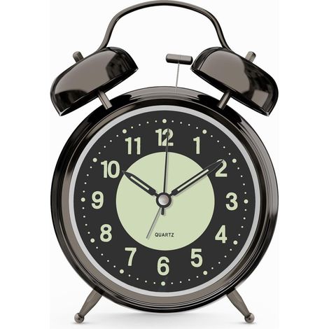 Réveil puissant pour adultes qui dorment profondément, en métal, avec double cloche, fonctionnement à pile, pour la chambre à coucher, décoration silencieuse, sans tic-tac (noir nickel) (1/5)