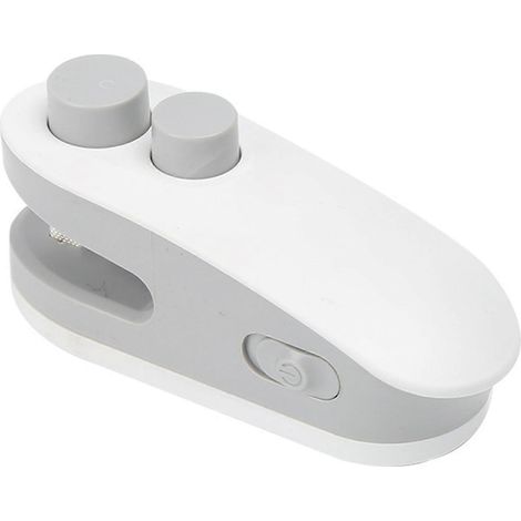Coupe-scellage portable 2 en 1 - Polyvalent et compact, idéal pour les sachets de chips, la cuisine, les sacs de congélation et les sacs en plastique. Gris et blanc. (1/5)