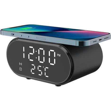 2-in-1-Wecker mit kabelloser Ladefunktion, digitalem Schnellladegerät für den Nachttisch, LED-Anzeige, USB-C-Netzkabel, geeignet für Schlafzimmer, Büro oder Studentenwohnheim, Schwarz (1/5)