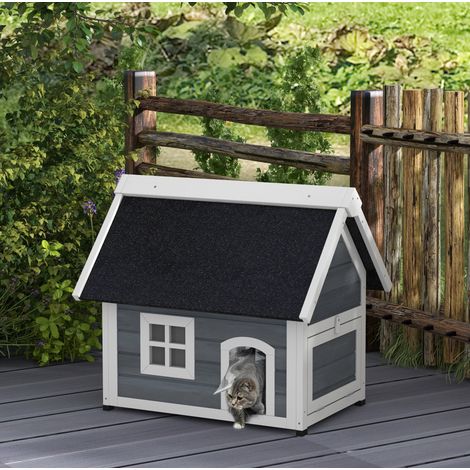 Caseta exterior para gatos de madera, techo abatible de asfalto, 77 x 57,5 x 68 cm, gris HAVRYA (1/3)