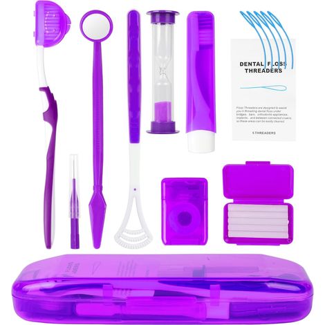 Kit de Soins Orthodontiques, 9pcs Kit Nettoyage Orthodontique Portable, avec Brosse Dentaire Gratte Langue Brosse Interdentaire Cire Dentaire, Kit de Voyage Orthodontique (Violet) (1/5)