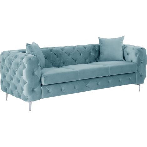 Canapé 3 places chesterfield en velours bleu pastel EDWINA