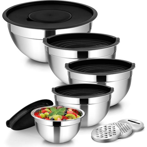 Lot de 5 Saladier avec Couvercles, Grand Bol Mélangeur en Acier Inoxydable avec Râpe, Empilable Saladiers INOX de 0.7L-4.6L, Bol Multifonction pour la Cuisson, Lavable au Lave-Vaisselle, Noir (1/5)