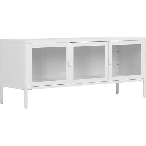 HENDRA - Meuble TV 3 Portes Verre et Acier Blanc (1/4)