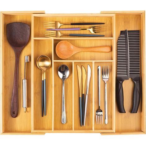 Bamboo Cutlery Tray for Drawers, Extendable 33-52 x 43 x 2 cm, 6-8 Compartments, Cutlery Organizer, Drawer Organizer for Spoons, Forks (1/5)