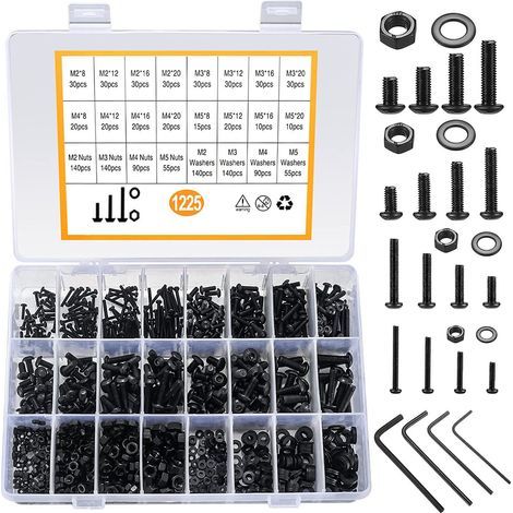 1225pcs M2 M3 M4 M5 Carbon Steel Truss Hex Socket Head Screws Assortment with Nuts (Black) (1/5)