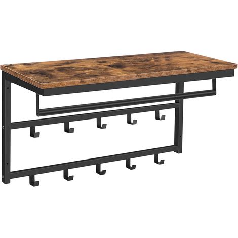 Wandgarderobe mit Ablage, Wandregal mit 10 Haken und Stangen, Wandmontiertes Hängeregal, 80 x 30 x 42 cm, für Flur, Wohnzimmer, Schlafzimmer, Badezimmer, Industriestil HOOBRO EBF12YM01 (1/5)