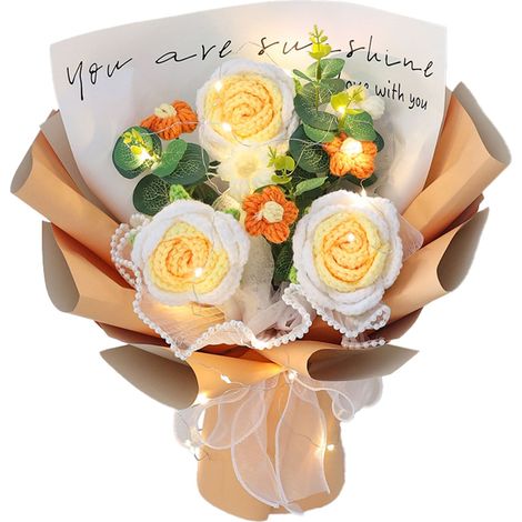 Bouquet De Fleurs Tricotées - Roses Tournesols Œillets - Matière Coton Lin - Décoration Festive Et Artisanat Débutant - 1 Pièce Jaune (1/5)