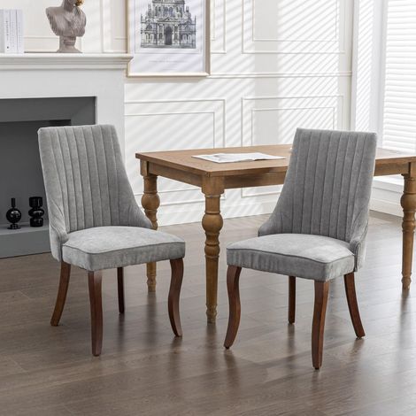 Lot de 2 chaises de salle à manger en lin et tissu flocké, avec accoudoirs, pieds en bois massif, gris (1/5)