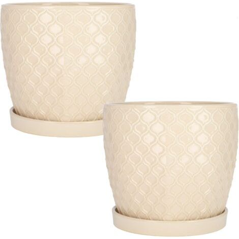 Lot de 2 pots de fleurs en céramique - Pour plantes - Diamètre : 20 cm - Crème - Vintage - Avec bac d'égouttement - Motif écailles de poisson-NANOTEH (1/5)
