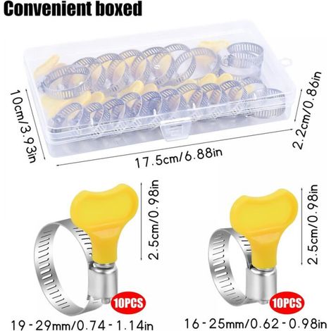 20 pièces colliers de serrage réglables 16-25/19-29mm colliers de serrage en acier inoxydable avec poignée rotative boîte jaune pour machines à laver piscines voitures conduites de gaz (1/3)