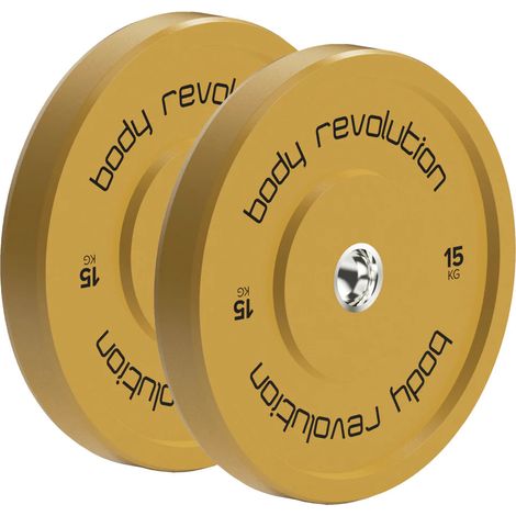 Body Revolution 2 x 15kg Olympic Bumper Plates – Yellow IWF Colour-Coded – 45cm Diameter – High-Density Rubber with Stainless Steel Ring – 2-Inch Olympic Barbell Compatible – Strength Training Pair