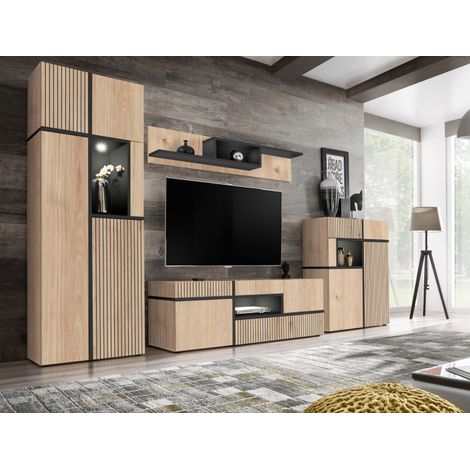 Paris Prix – Ensemble meuble TV 330cm – Panneaux stratifiés – Finition mate – Design rayures noires – Meuble TV LED 150cm – Étagère murale 150cm (1/5)
