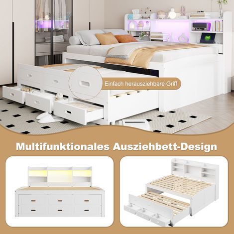 Canapé convertible 140x200 cm, méridienne lumineuse LED, 3 tiroirs, table de nuit, canapé-lit extensible avec ports USB-C, sans matelas, blanc (1/5)