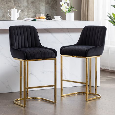 Wahson Tabouret de bar en velours noir – Lot de 2 – Coussin épais – Pieds en métal doré – Hauteur 95cm – Design contemporain, Noir