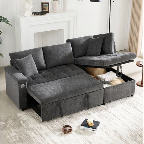 Sofá esquinero 209x130x84 cm de tela chenilla gris oscuro con almacenaje -FLORAGRACE (1/5)