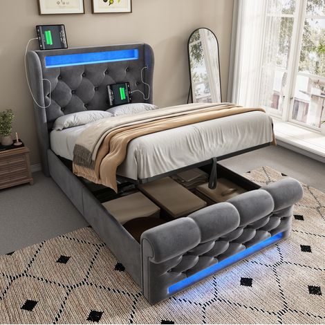 Lit rembourré classique 90x200 cm en velours gris avec tête de lit, LED, ports USB-C et coffre hydraulique (1/5)