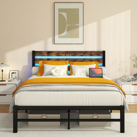 Cadre lit 140x200 – Tête de lit – USB + LED – Acier renforcé – Sans sommier – Montage facile (1/5)