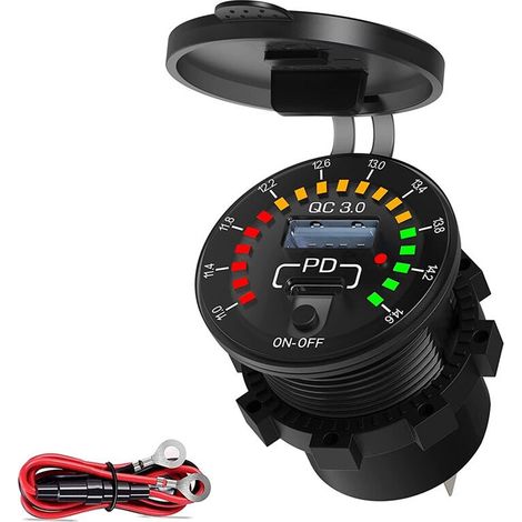 Caricabatterie rapido da 18 W con spina Type-C PD, voltmetro LED impermeabile e interruttore di alimentazione per auto, barca e camion.