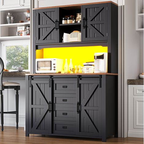 Aparador de cocina 115x40x174.7 cm negro en MDF y metal con puertas correderas, cajones y LED (1/5)