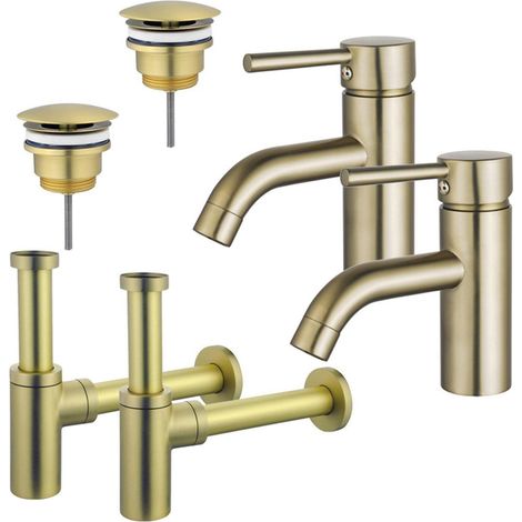 FugaFlow Eccelente Sobrado Kit robinet lavabo - pour double vasque - robinet bas - bonde non-obturable - siphon design - Laiton brossé PVD (1/4)