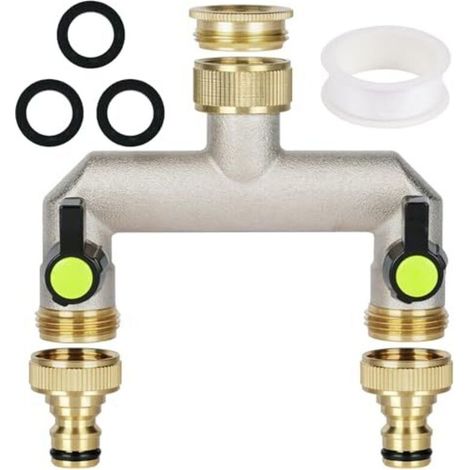 Adaptateur de robinet 2 voies, répartiteur de tuyau pour collecteur de robinet en laiton 3/4", adaptateur de tuyau pour robinet 2 voies, avec 2 sorties 3/4", 1 bande d'étanchéité à ro