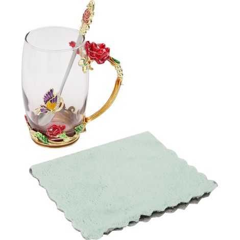Tasse à thé/café émaillée à motif floral rose rouge, résistante à la chaleur, avec cuillère et torchon inclus, idéale pour les anniversaires et les fêtes. 350 ml