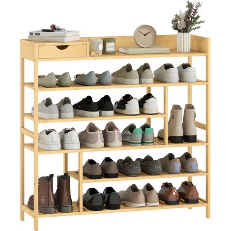 Schuhregal, Schuhständer mit 6 Ebenen, Schublade aus Bambus, für max. 18 Paar Schuhe, Schuhablage für Eingang, Schlafzimmer, 101 x 30 x 100 cm, Natur